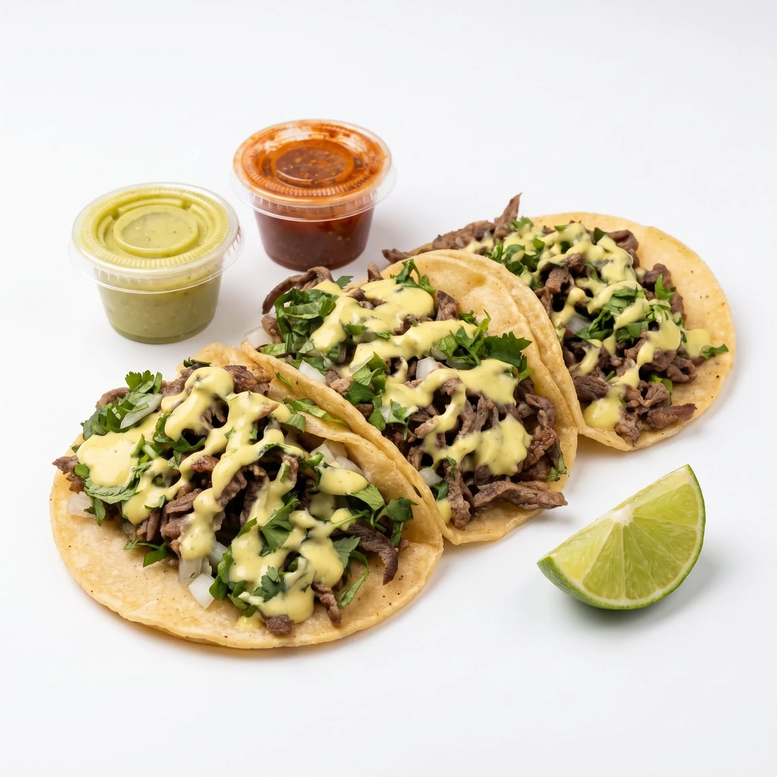 Carne asada tacos with avocado crema, onion and cilantro, lime and salsa cups