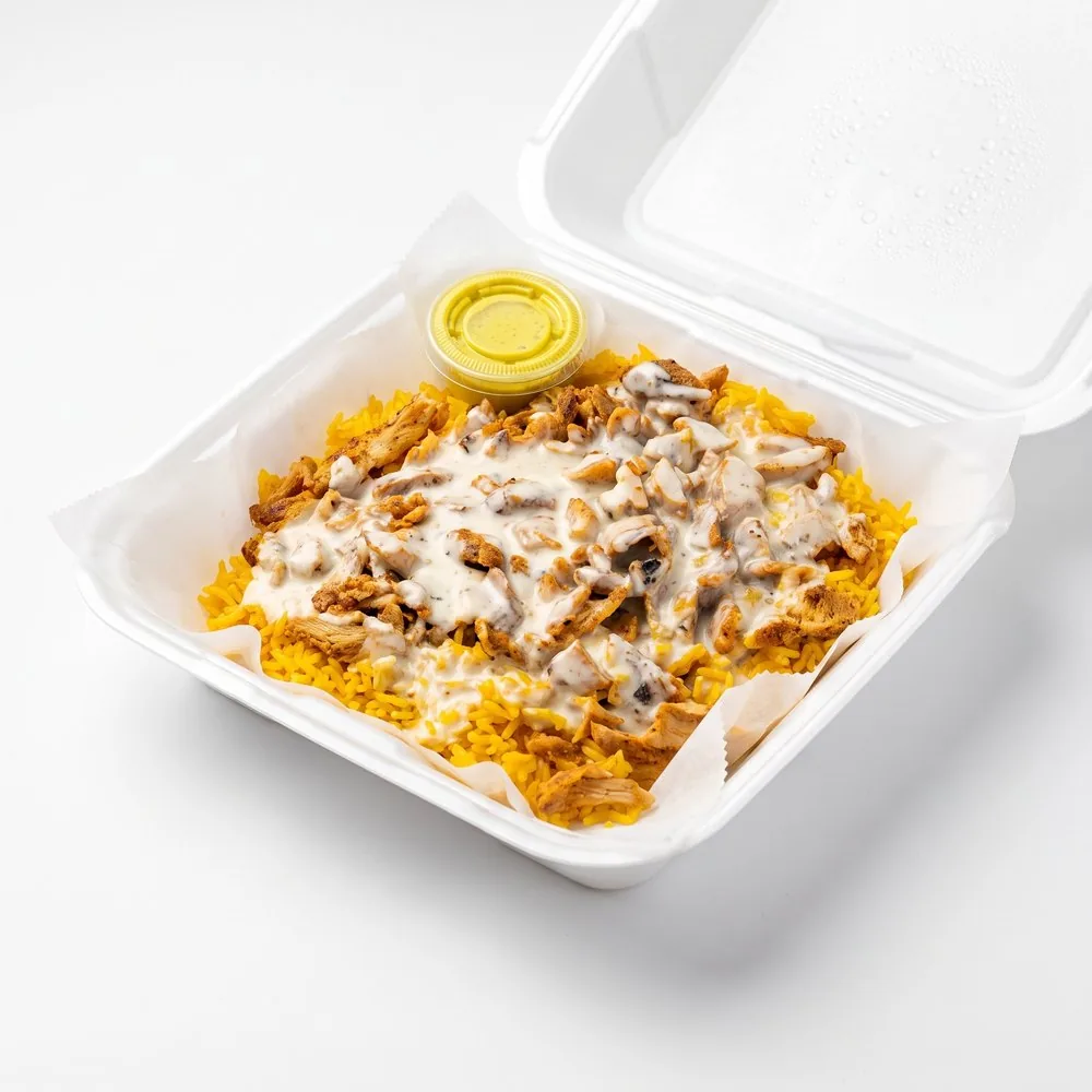Ellenboro Plate in a to-go box: Mexican rice, meat and cheese dip